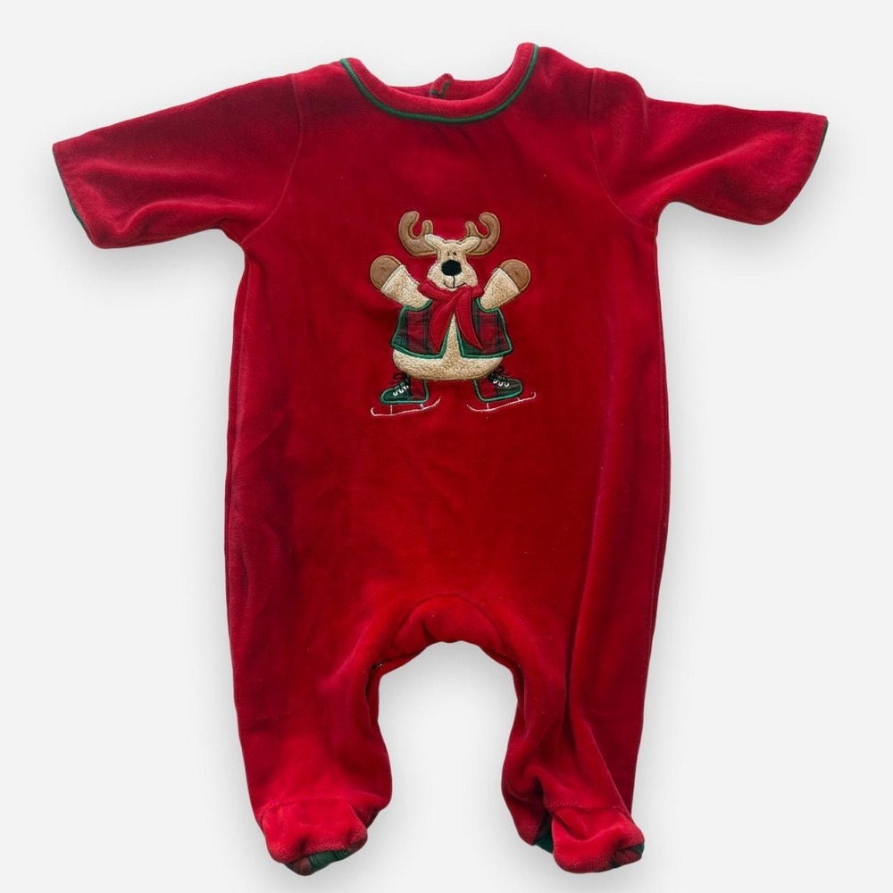 Bright Future Vintage Y2K Red Reindeer Velour Holiday Sleeper Romper 0-3M
